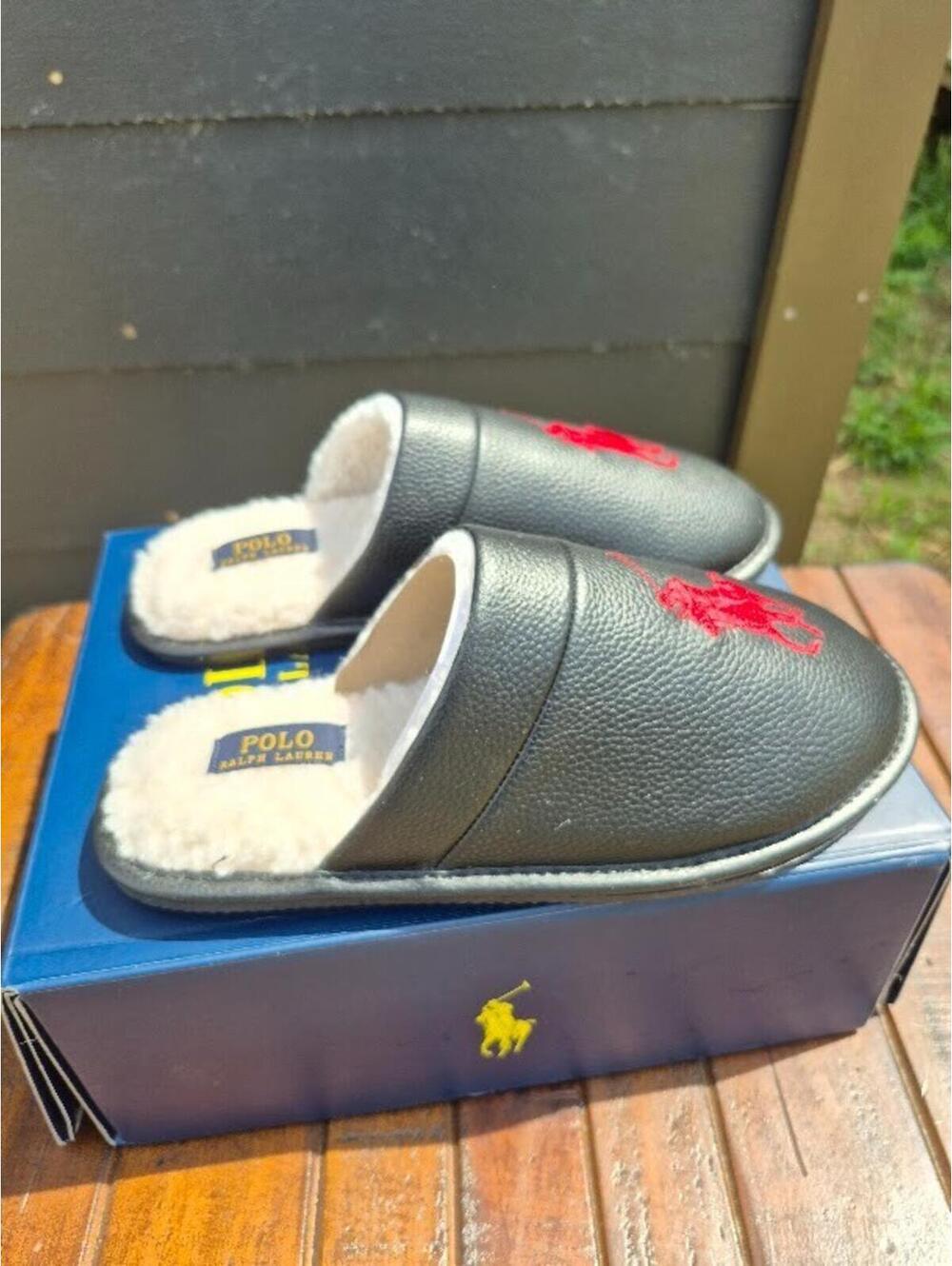 Polo Ralph Lauren Irving Leather Slippers  Black Size 9 SML4726ARL Big Pony Red - Picture 3 of 8